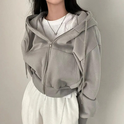 Women's Cropped Hoodie Oversized Cotton Zip-Up Black