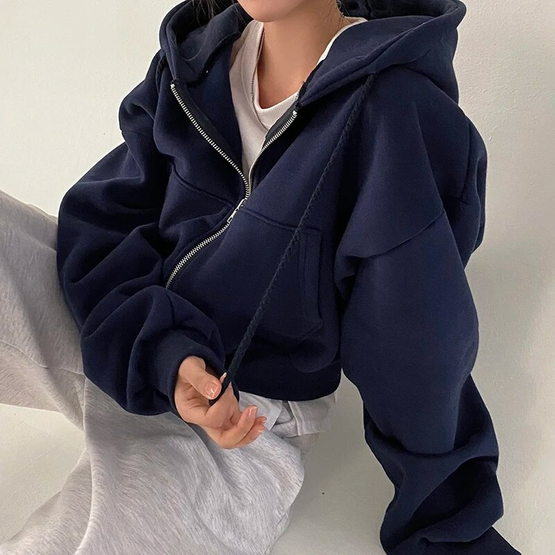 Women's Cropped Hoodie Oversized Cotton Zip-Up Black