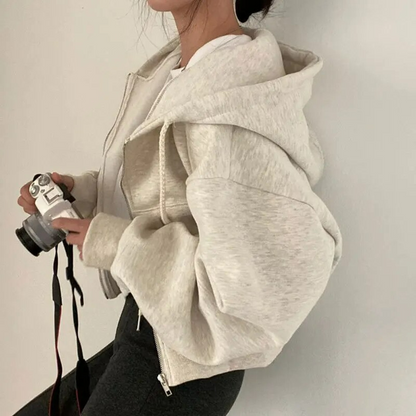 Women's Cropped Hoodie Oversized Cotton Zip-Up Black