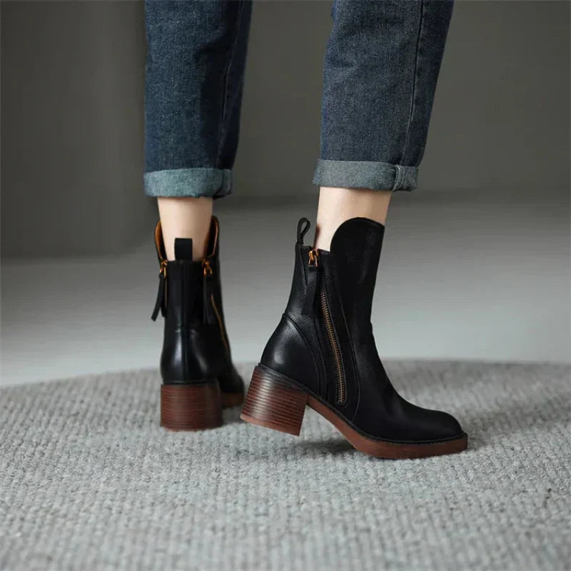 Women's Zip-Up Ankle Boots Block Heel Side Zipper Detail