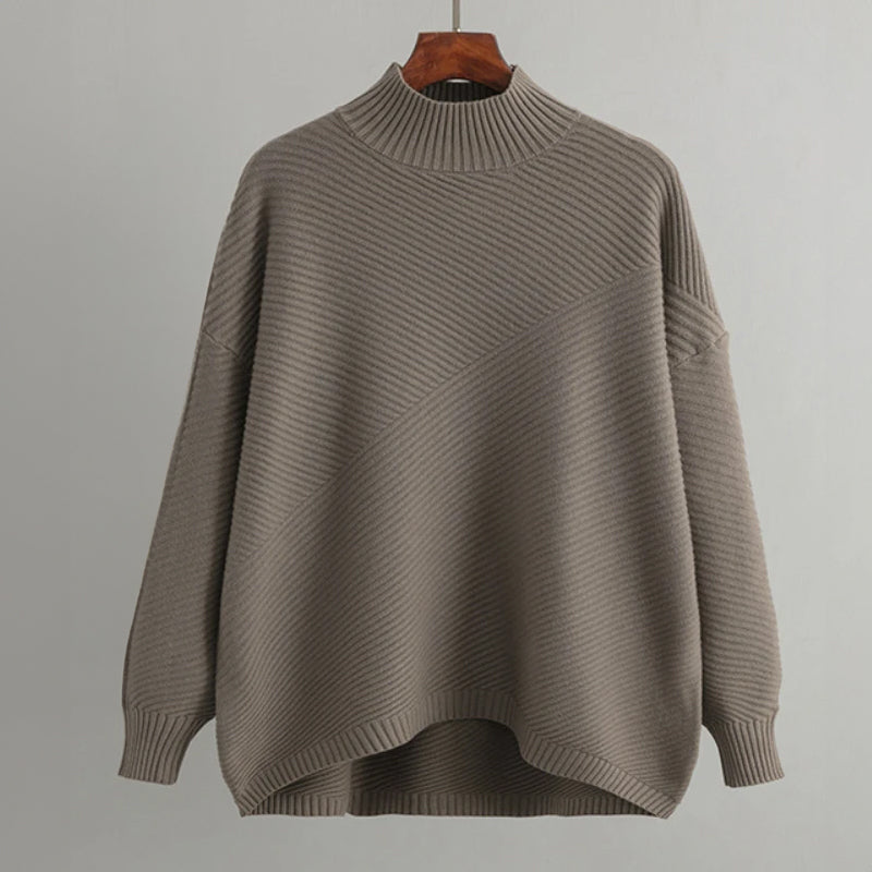 Women's Oversized Mock Neck Sweater Ribbed Knit Beige - Vonnera