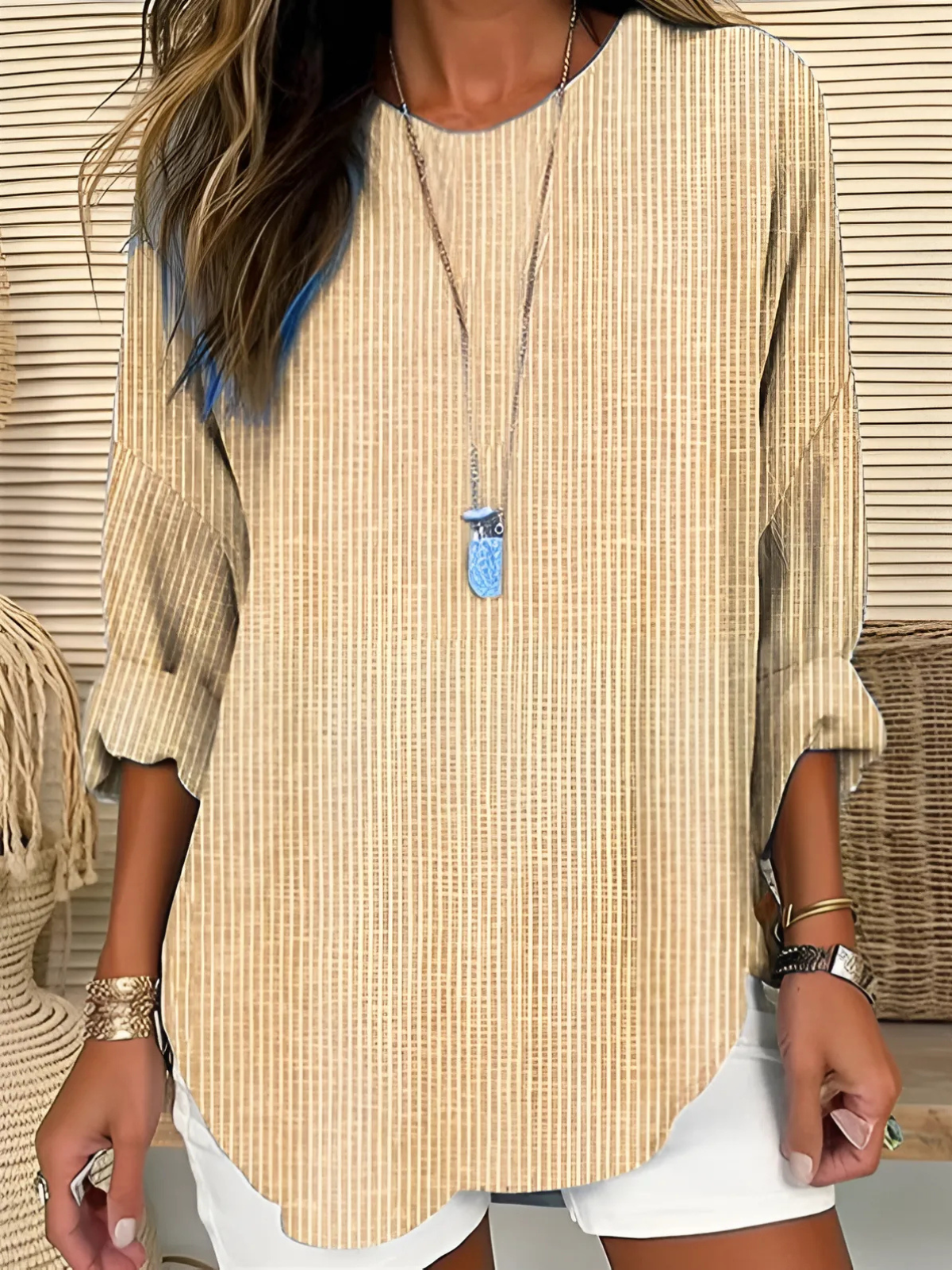 Women's Round Neck Blouse Vertical Stripe