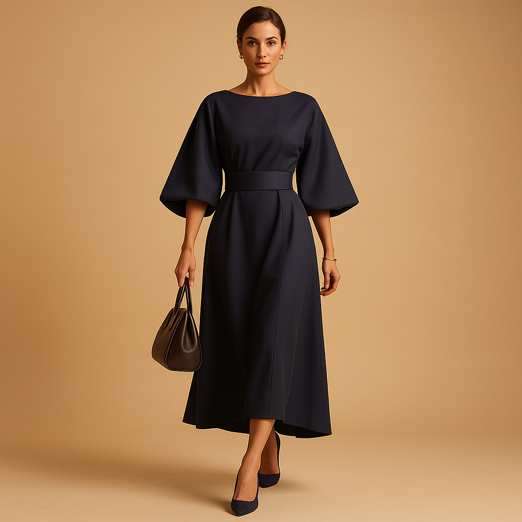 Women’s A-line midi dress with waist belt and wide sleeves, perfect for office wear, dinners, and semi-formal occasions.