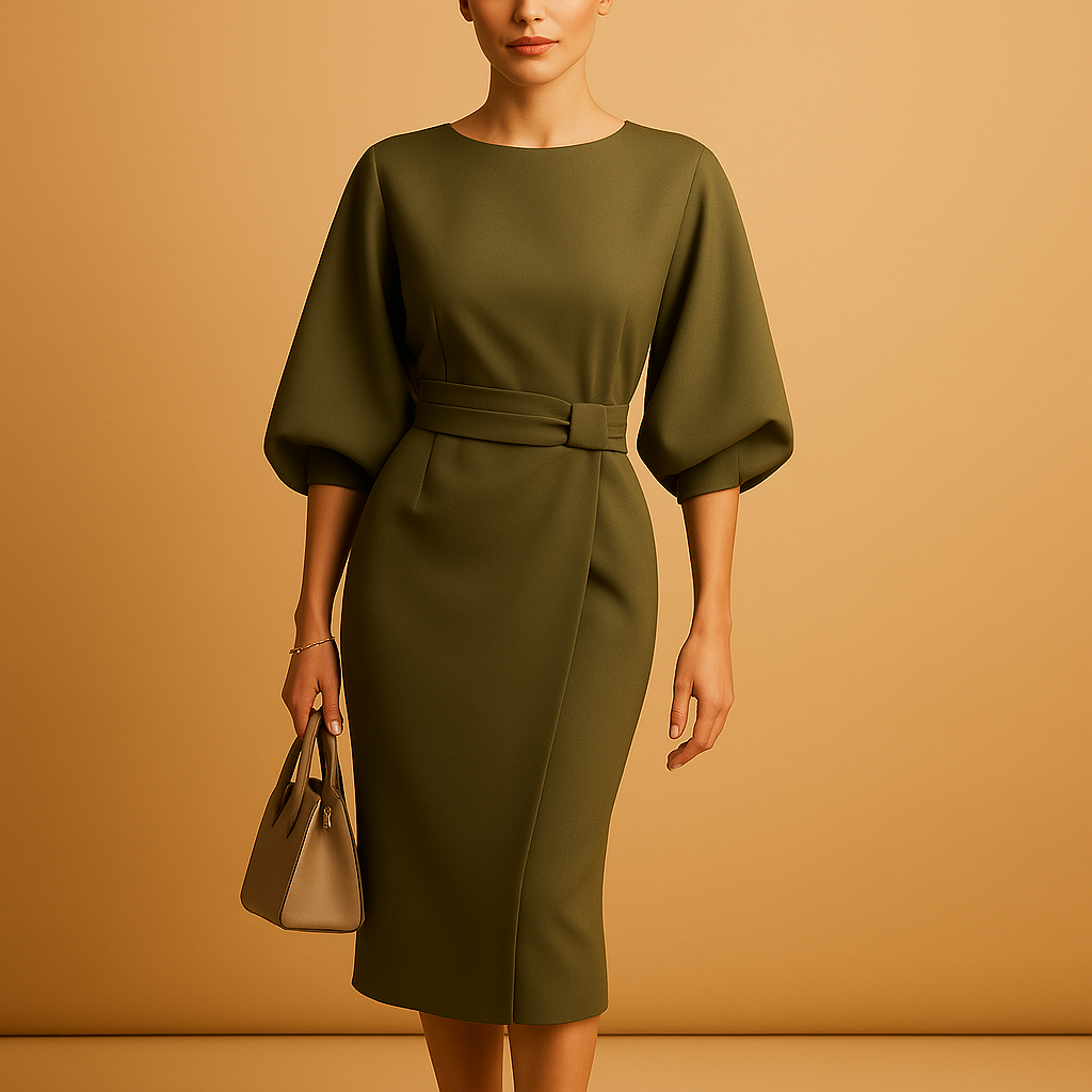 Women’s A-line midi dress with waist belt and wide sleeves, perfect for office wear, dinners, and semi-formal occasions.