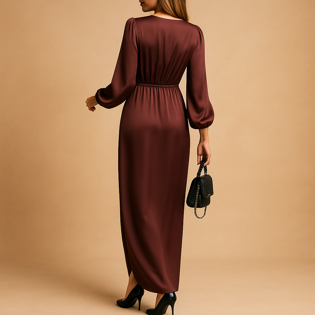A-line midi dress with V-neck and puff sleeves for women in elegant bordeaux color, perfect for formal events, dinners, and stylish evening occasions.