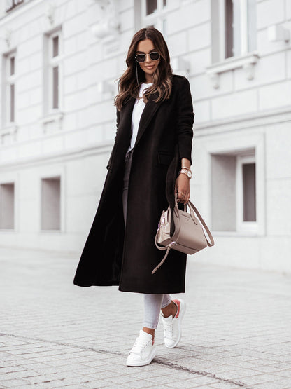 Women's Long Wool Coat Belted Design Black