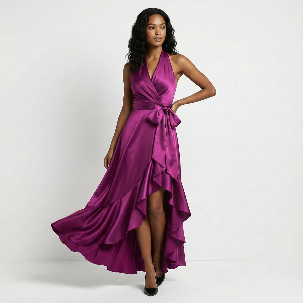 Women's Satin Maxi Dress Halter Neck Ruffled Hem - Vonnera