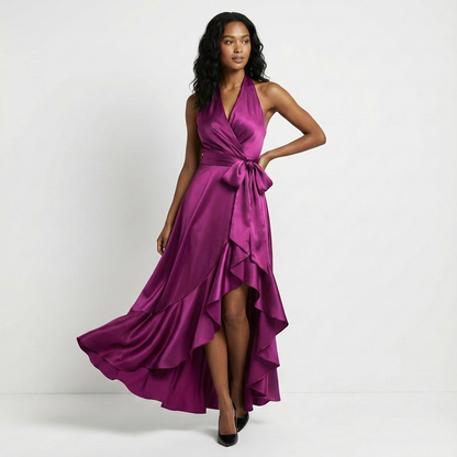 Women's Satin Maxi Dress Halter Neck Ruffled Hem - Vonnera