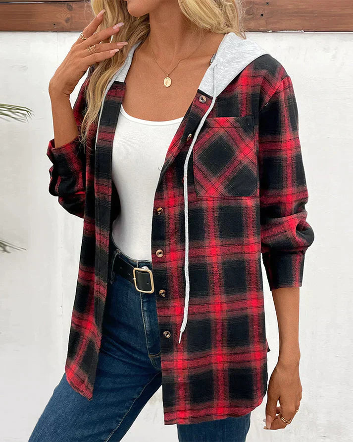 Women's Hooded Checkered Jacket Wool Blend Fall Winter - Vonnera