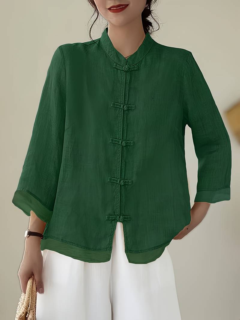 Women's Mandarin Collar Blouse Frog Buttons - Vonnera