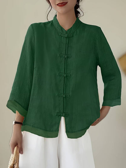 Women's Mandarin Collar Blouse Frog Buttons - Vonnera