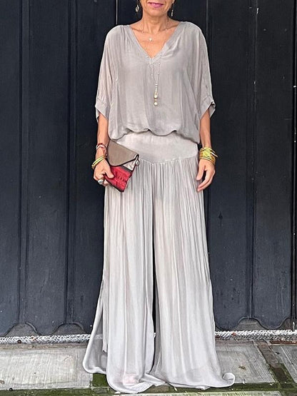 Women's V-Neck Jumpsuit Wide Leg Batwing Sleeve Olive