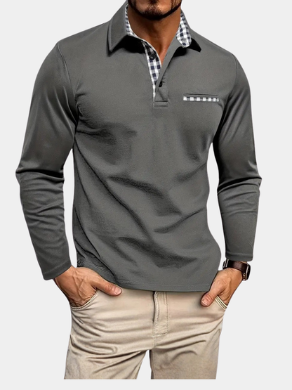 Men's Long Sleeve Polo Shirt Contrast Collar Pocket - Vonnera