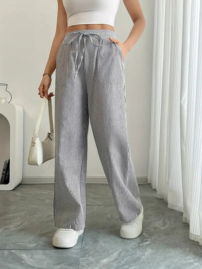 Image of Adrienne | Women's High-Waisted Striped Wide Leg Trousers