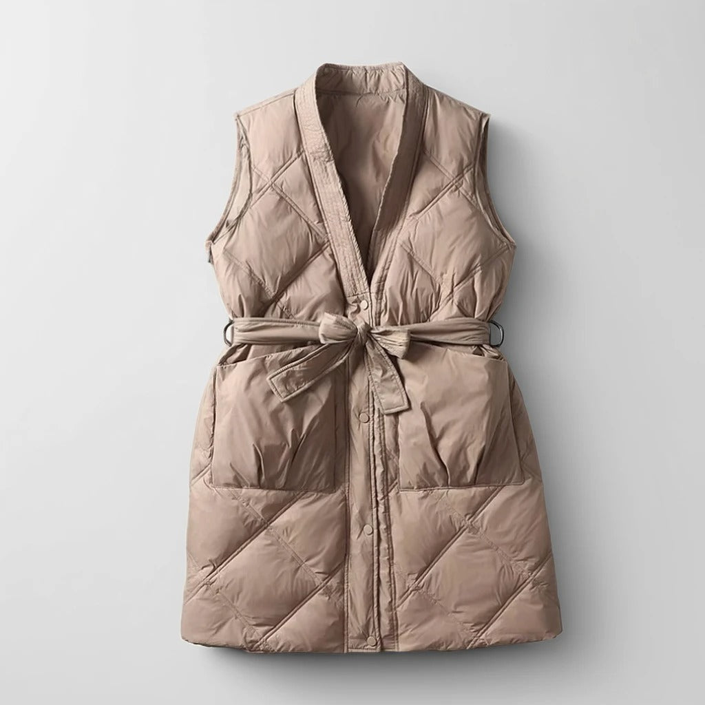 Women's Quilted Vest Mid-Thigh Length Belted - Vonnera