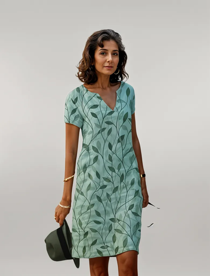Women's V-Neck Mini Dress Leaf Pattern - Vonnera