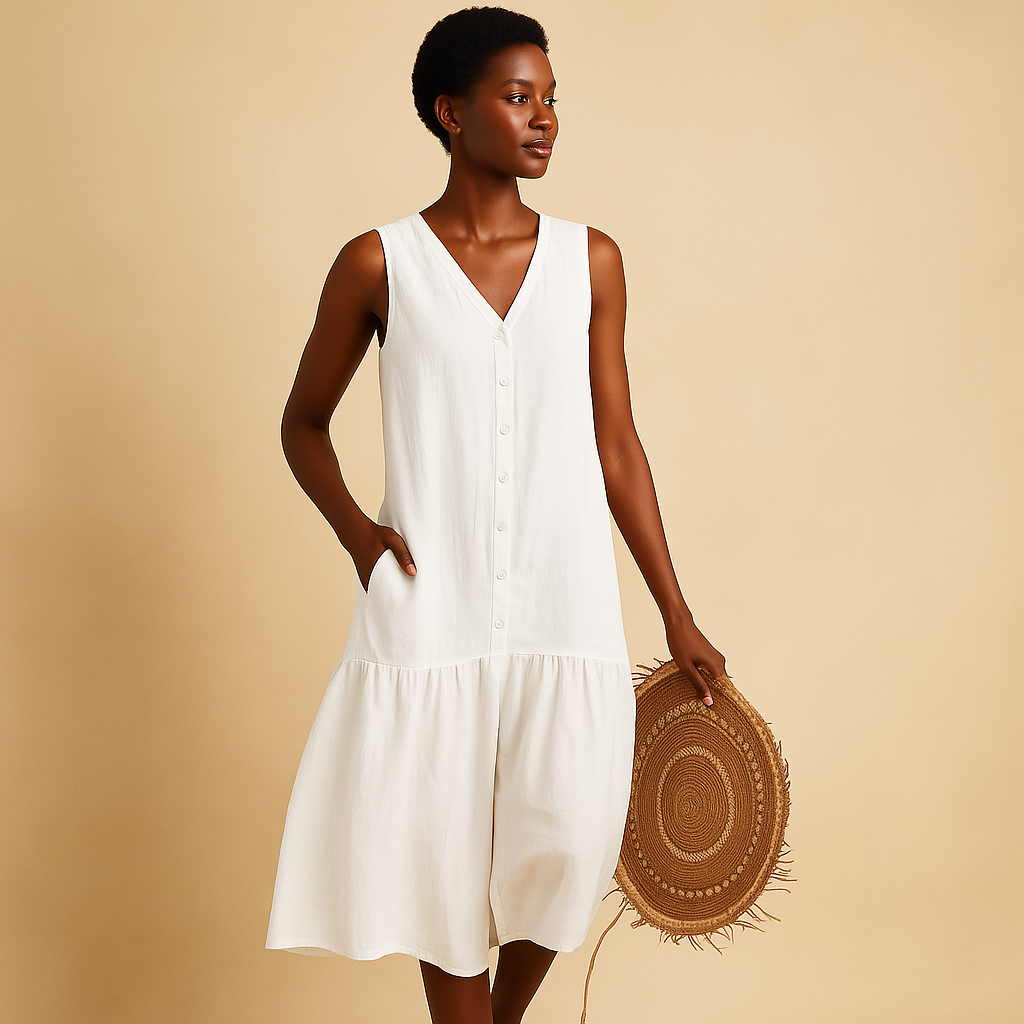 Airy V-neck summer dress for women with a flowing timeless silhouette, ideal for beach days, vacations, brunches, and summer evenings.