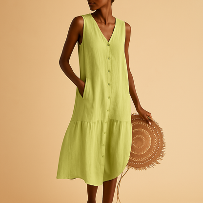 Airy V-neck summer dress for women with a flowing timeless silhouette, ideal for beach days, vacations, brunches, and summer evenings.