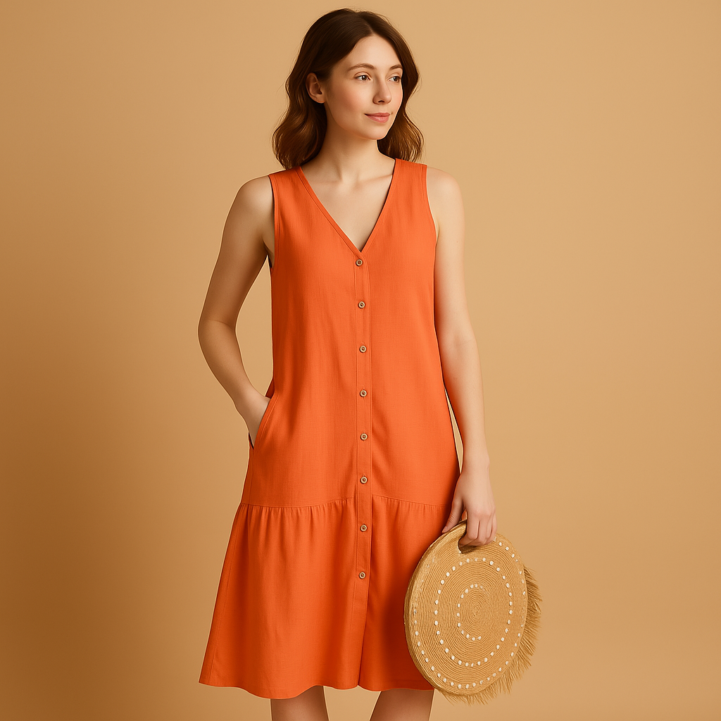 Airy V-neck summer dress for women with a flowing timeless silhouette, ideal for beach days, vacations, brunches, and summer evenings.