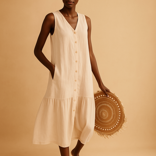 Airy V-neck summer dress for women with a flowing timeless silhouette, ideal for beach days, vacations, brunches, and summer evenings.