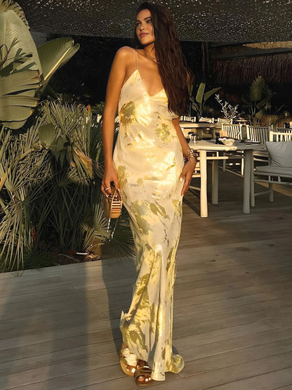 Aleen Women's Satin Maxi Dress Gold Strap