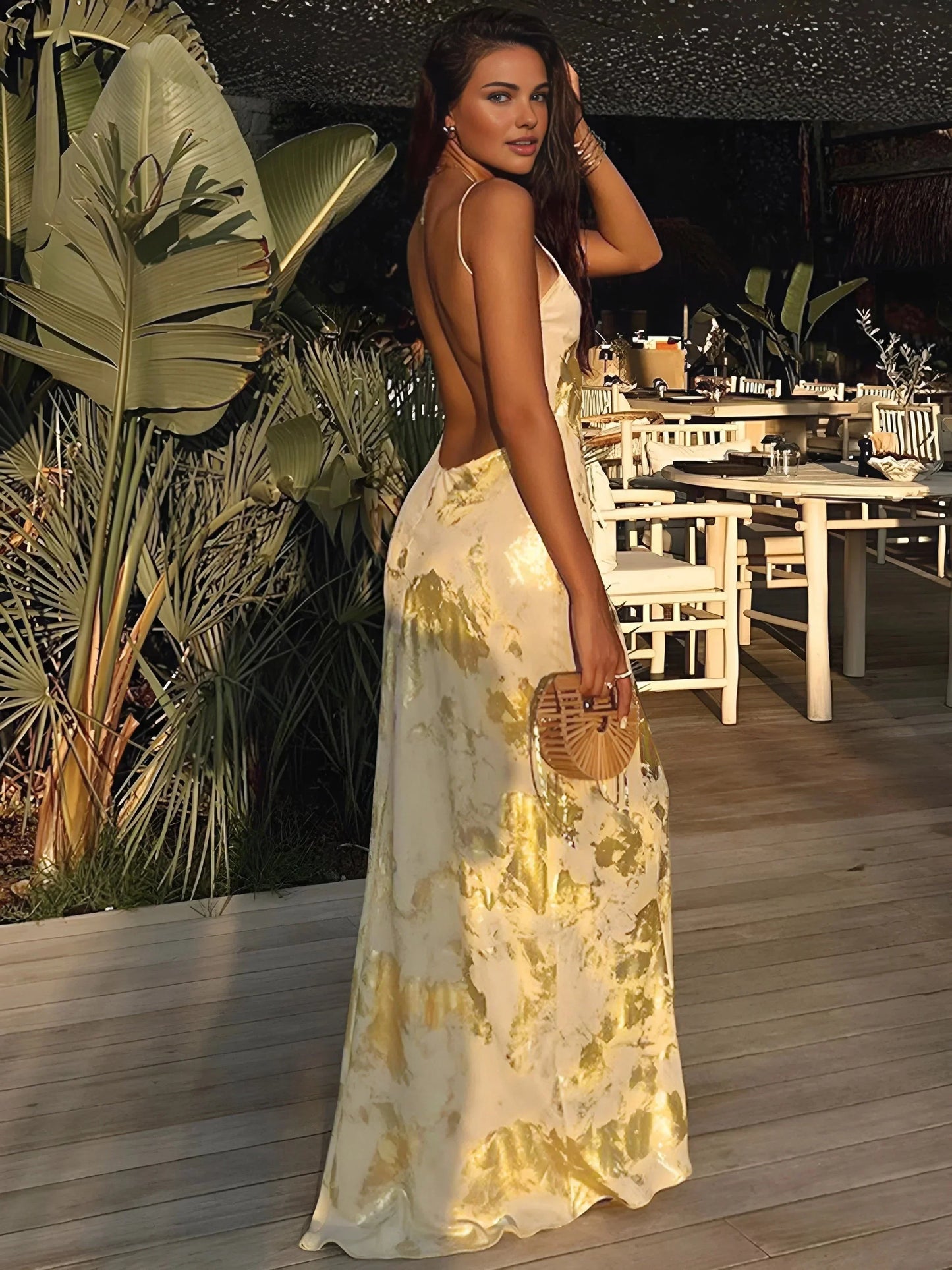 Aleen Women's Satin Maxi Dress Gold Strap