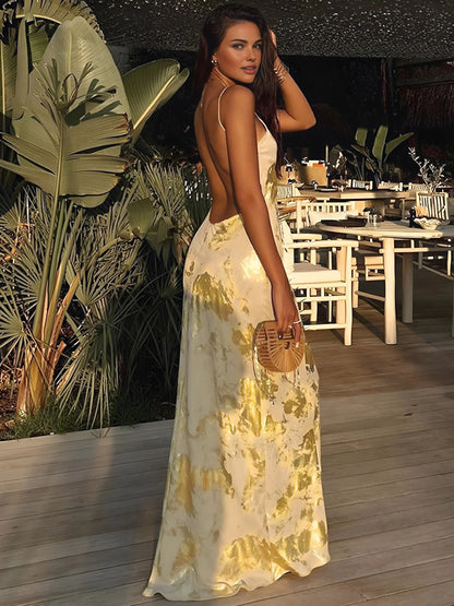 Aleen Women's Satin Maxi Dress Gold Strap