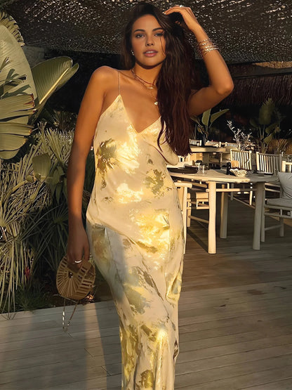 Aleen Women's Satin Maxi Dress Gold Strap