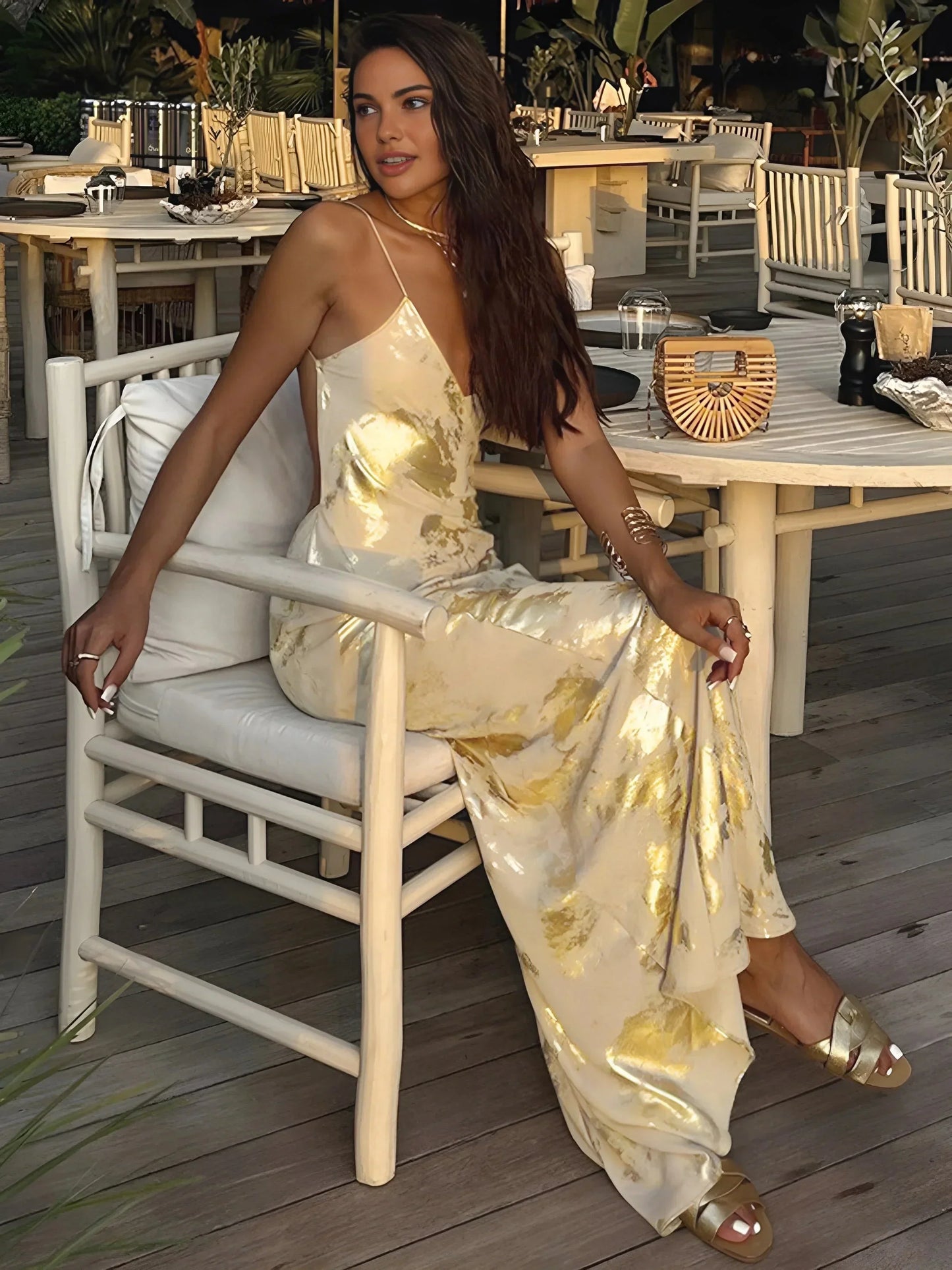 Aleen Women's Satin Maxi Dress Gold Strap