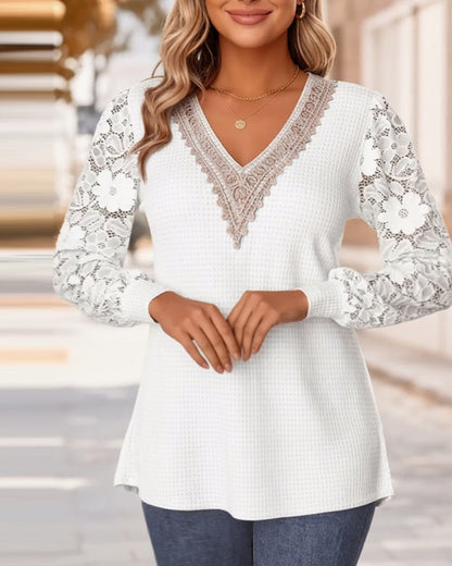 Women's V-Neck Lace Sleeve Long Sleeve T-Shirt - Vonnera