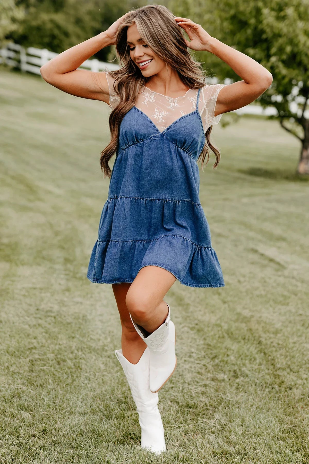 Women's Denim Mini Dress with Lace Detail