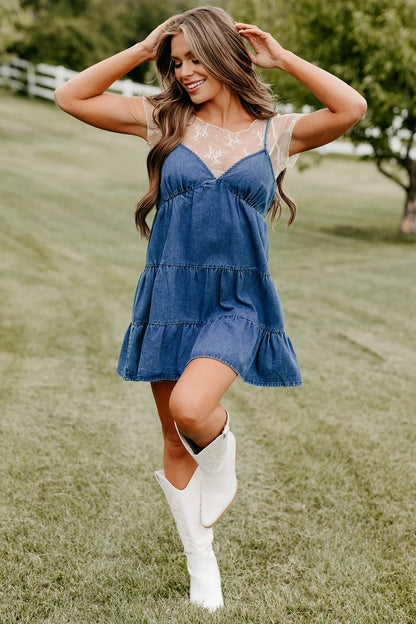 Women's Denim Mini Dress with Lace Detail