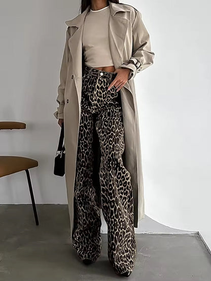 Women's High Waisted Wide Leg Leopard Jeans - Vonnera