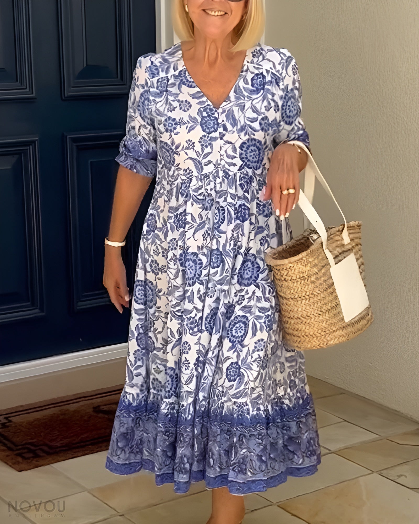 Women's Floral V-Neck Midi Dress - VibreMode