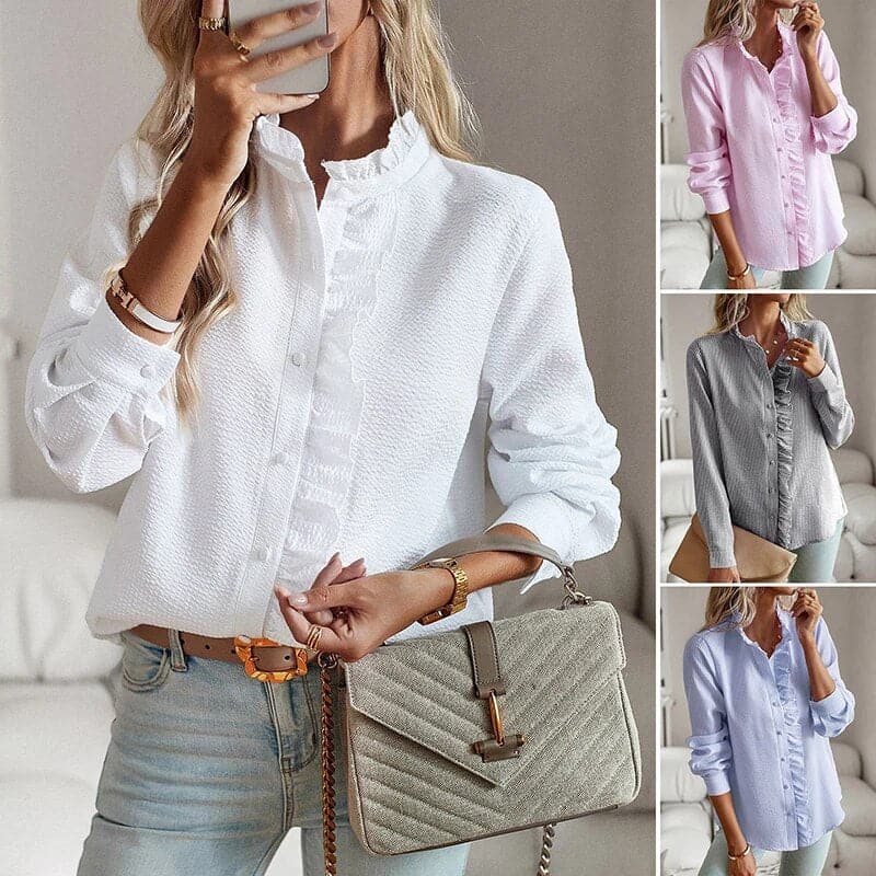 Image of Ann | Women's Ruffle Long Sleeve Button Down Blouse