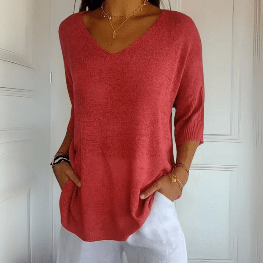 Women's V-Neck Sweater Three-Quarter Sleeves - Vonnera