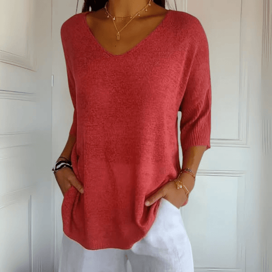 Women's V-Neck Sweater Three-Quarter Sleeves - Vonnera