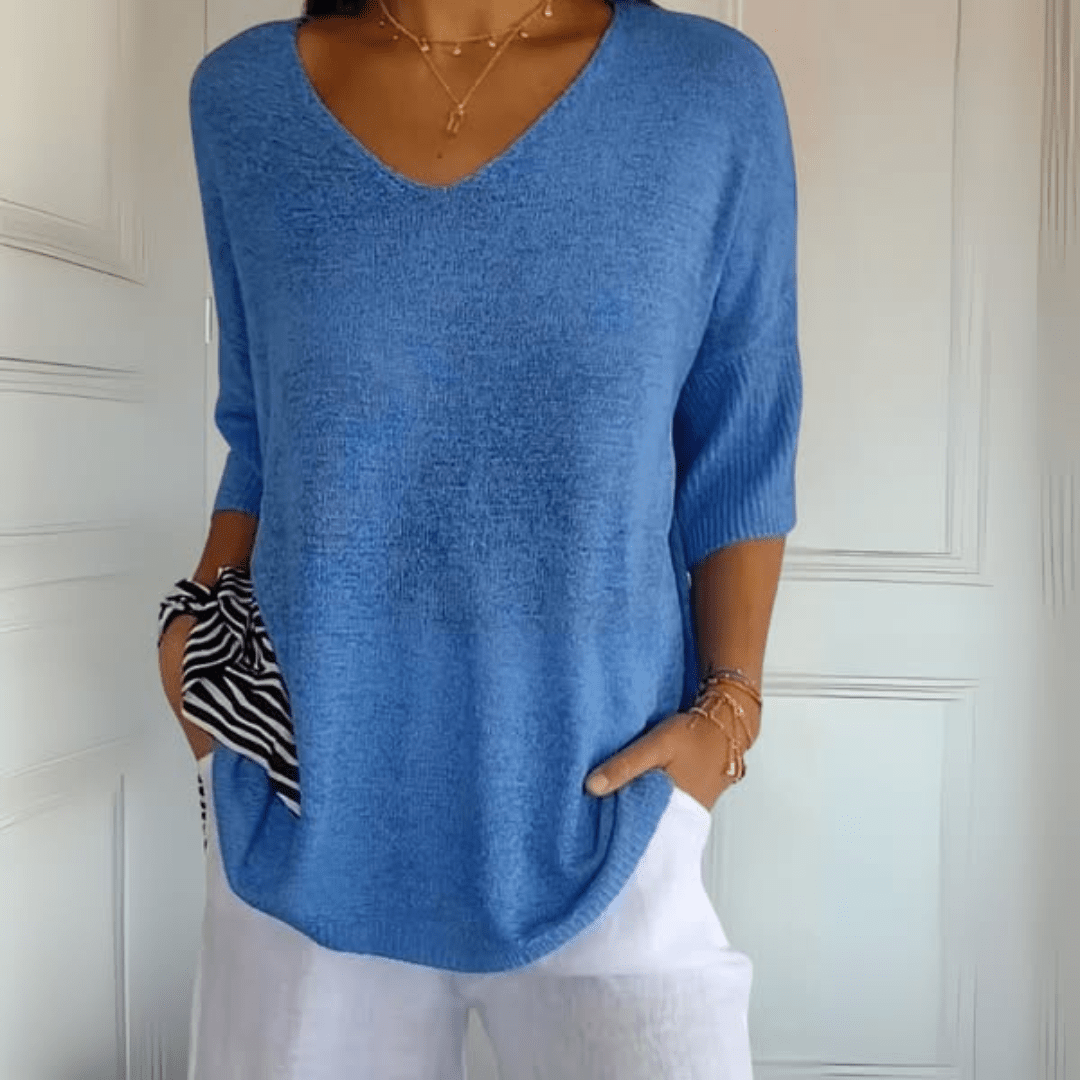 Women's V-Neck Sweater Three-Quarter Sleeves