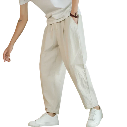 Men's Drawstring Cropped Pants Loose Fit Cotton - VibreMode