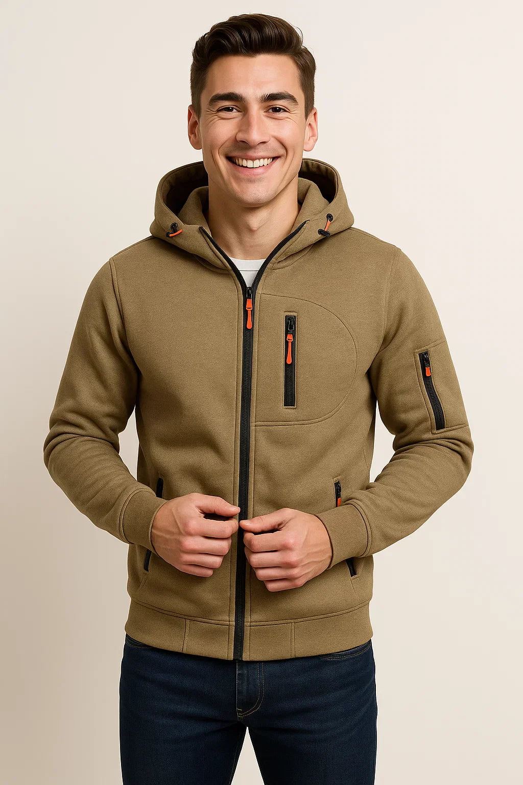 Men's Zip Hoodie Multiple Pockets Contrast Zipper