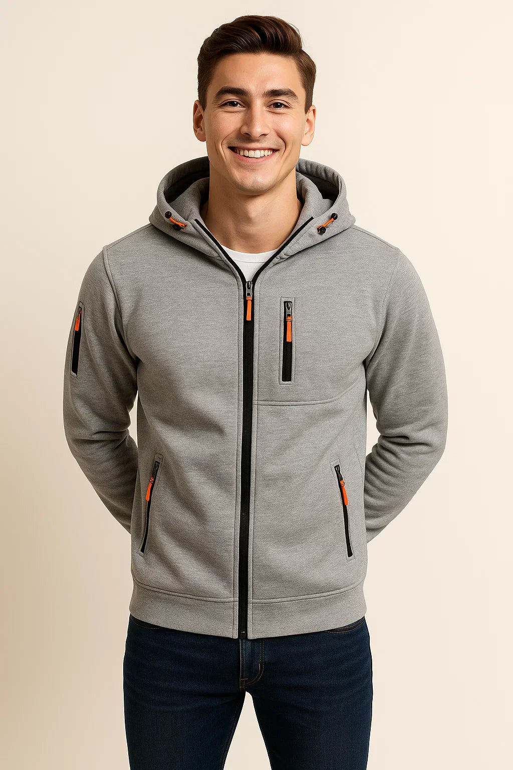 Men's Zip Hoodie Multiple Pockets Contrast Zipper