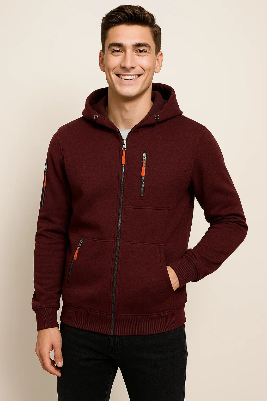 Men's Zip Hoodie Multiple Pockets Contrast Zipper