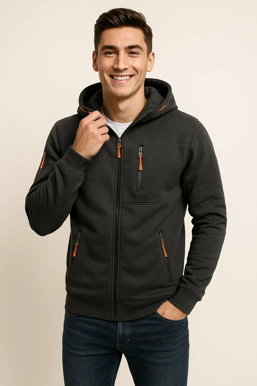 Men's Zip Hoodie Multiple Pockets Contrast Zipper