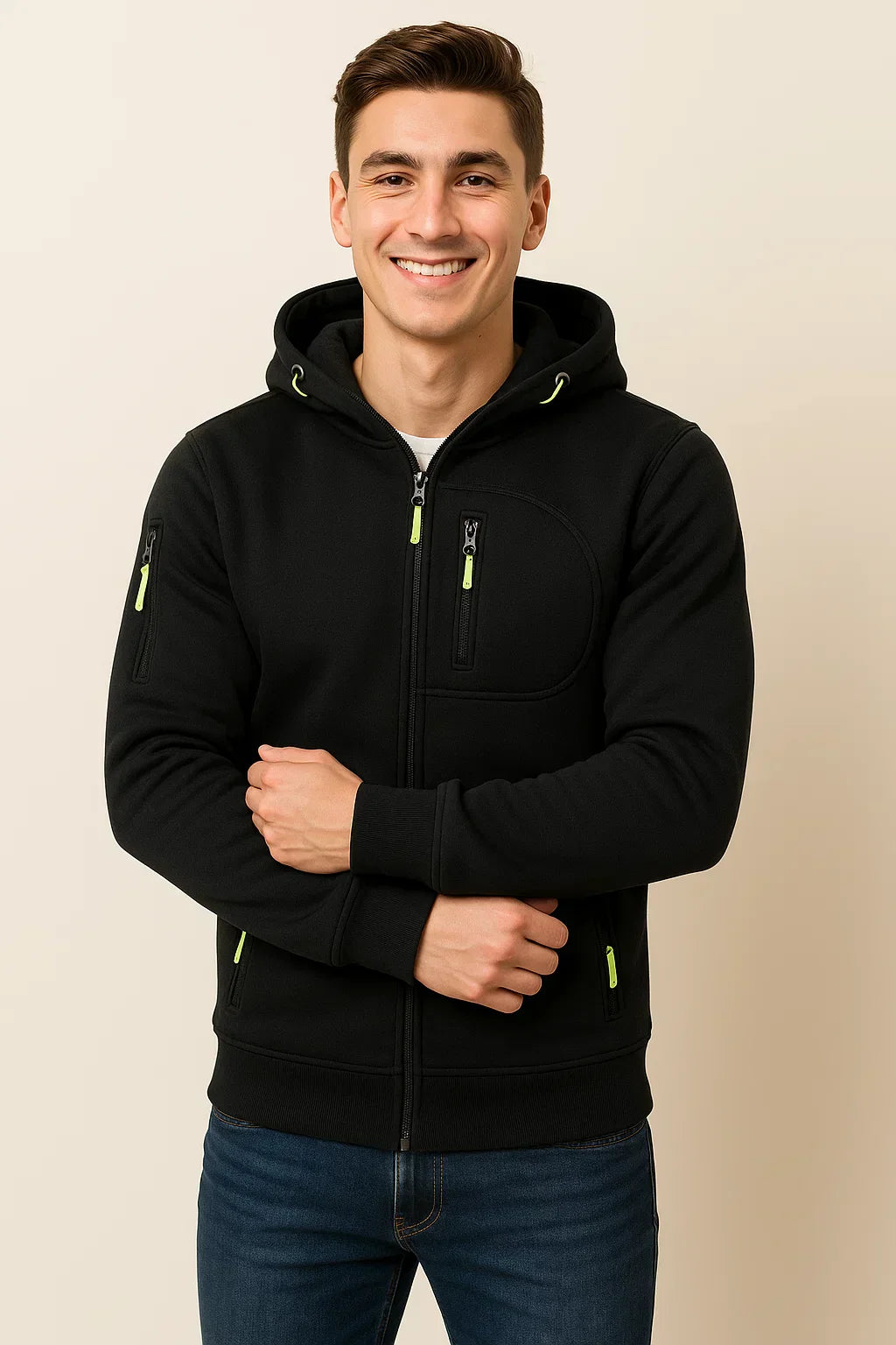 Men's Zip Hoodie Multiple Pockets Contrast Zipper
