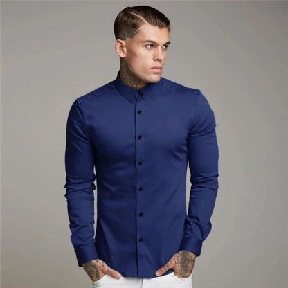 Men's Slim Fit Dress Shirt Cotton Button Up Blue
