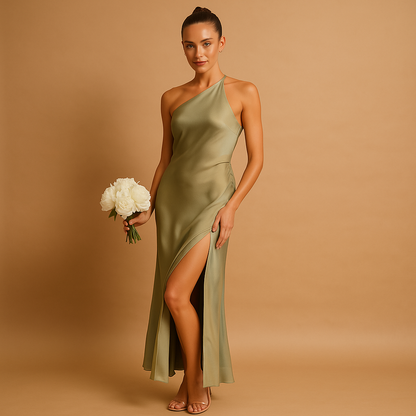 Asymmetrical evening dress with high slit for women featuring a fitted silhouette, ideal for galas, formal dinners, and special occasions.
