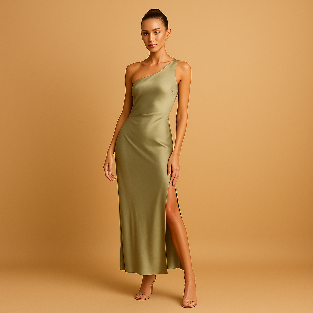 Asymmetrical evening dress with high slit for women featuring a fitted silhouette, ideal for galas, formal dinners, and special occasions.