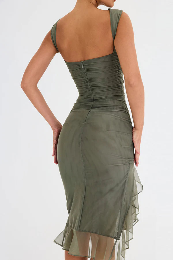 Women's Ruffle Midi Dress Elegant Black