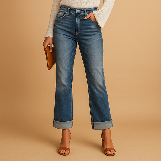 Asymmetrical waist casual jeans for women with relaxed fit and modern urban style, perfect for everyday outfits and trendy streetwear looks.