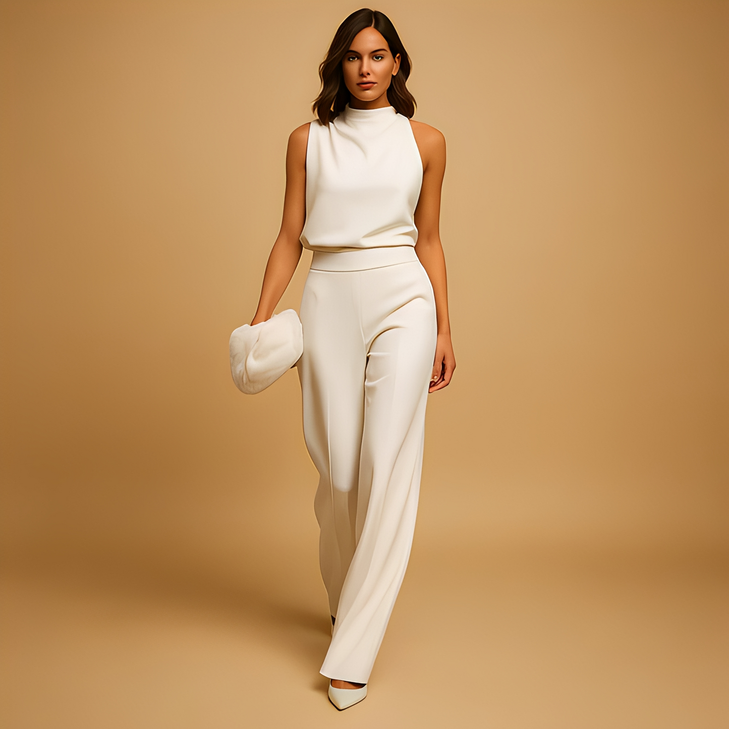 Women's High Neck Sleeveless Two Piece Pant Set